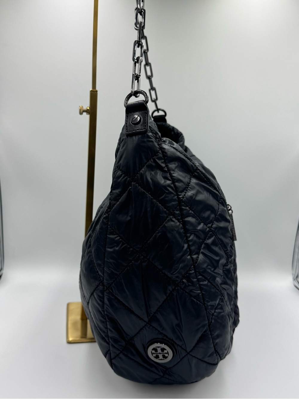 Tory Burch Quilted Black Nylon Shoulder Hobo with Leather Trim & Chain Strap - Picture 4 of 13